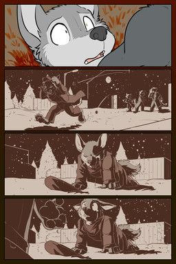 anthro barefoot bodily_fluids bullying claws clothing crying duo feet female fence fluffy fluffy_tail hat headgear headwear male moon offering_hand pawpads paws plant snow street street_lamp tail tears throwing_rock tree young rick_griffin ideka orodachi canid canine canis mammal wolf 2024 2:3 comic hi_res