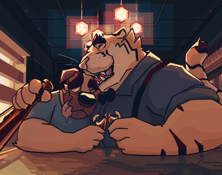 alcohol anthro beverage blue_clothing blue_shirt blue_t-shirt blue_topwear bottle clothed clothing container duo fangs fur holding_bottle holding_container holding_object holding_shot_glass hug inside liquor male markings mouth_closed obese obese_anthro obese_male one_eye_closed open_mouth open_smile orange_body orange_fur overweight overweight_anthro overweight_male shirt size_difference smile striped_arms striped_markings striped_tail stripes t-shirt tail tail_markings teeth tongue tongue_out topwear whiskers white_body white_fur yellow_body yellow_fur chocolateandmilk richard_(chocolateandmilk) canid canine canis domestic_dog felid mammal pantherine tiger hi_res