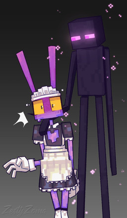 4_fingers anthro blush bodily_fluids clothing duo fingers flustered glowing glowing_eyes hand_on_shoulder larger_male looking_down maid_headdress maid_uniform male mouthless particles size_difference smaller_male standing surprised sweat sweatdrop uniform zestyzoma glitch_productions microsoft minecraft mojang the_amazing_digital_circus xbox_game_studios jax_(tadc) enderman humanoid lagomorph leporid mammal rabbit hi_res