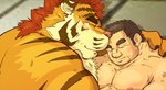 anthro belly blush cuddling duo eyes_closed hug kemono male male/male moobs nipples overweight overweight_male raichoclub felid human mammal pantherine tiger 2020