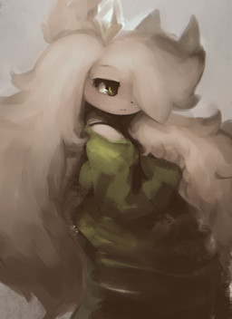 3_fingers anthro bangs black_eyebrows black_lips black_nose blush bottomwear clothed clothing eyebrows female fingers frown fully_clothed fur green_clothing hair jewelry kemono lips long_ears looking_forward narrowed_eyes one_eye_obstructed pupils short_hair solo tan_body tan_ears tan_fur topwear yellow_eyes hasukii dappoyo_(skydev) lagomorph leporid mammal rabbit