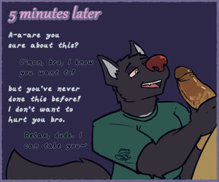 anthro big_nose bros_being_bros drugs duo genitals holding_penis imminent_sex male male/male muscular nose_fetish penis solo_focus substance_intoxication text time_skip poorsal tilasu_(shilvascat) canid canine canis mammal wolf english_text