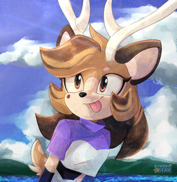 anthro antlers black_nose brown_eyes brown_hair clothing cloud eyelashes female hair horn landscape markings mole_(marking) pink_tongue shirt sky smile solo tail tongue tongue_out topwear water spiced_deer sega sonic_the_hedgehog_(series) fan_character kimber_manawari cervine deer mammal visayan_spotted_deer absurd_res hi_res