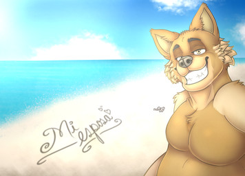 anthro beach blue_sky male message sand sea seaside sky smile solo sun sunny water naoto canid canine canis domestic_dog mammal hi_res