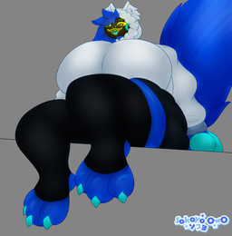 3_toes 4_fingers anthro big_breasts big_feet black_bottomwear black_clothing black_legwear black_skirt black_stockings black_thigh_highs blue_body blue_fur blue_hair bottomwear breasts claws clothed clothing cybernetics feet female female_anthro fingers fur hair hoodie huge_breasts huge_thighs legwear long_tail looking_at_viewer machine open_mouth protogen_visor sitting sitting_on_wall skirt solo stockings tail thick_thighs thigh_highs toes topwear white_clothing white_hoodie white_topwear yellow_eyes sokoyo_owo starry_(sokoyo_owo) canid canine cyborg mammal protogen hi_res