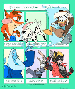 3_toes 4_fingers anthro beak belt big_ears biped black_belt black_clothing black_gloves black_handwear black_mask black_nose black_spots black_suit blonde_hair blue_body blue_bottomwear blue_clothing blue_dress blue_eyes blue_hair blue_handwear blue_nails blue_pants blue_scarf blue_shirt blue_shorts blue_topwear blue_vest bottomwear brown_bottomwear brown_clothing brown_eyebrows brown_gloves brown_handwear brown_inner_ear brown_shorts clothing colored_nails cybernetic_leg cybernetic_limb dress ears_up eyebrows eyewear eyewear_on_head feathers feet female fingerless_gloves fingers floppy_ears freckled_face freckles fur gem_on_chest gloves goggles goggles_on_head green_eyes grey_body grey_fur group hair handwear holding_notebook ile jacket jacket_vest leg_markings long_hair male markings membrane_(anatomy) nails no_pupils notebook open_mouth orange_beak pants pilot_uniform pink_inner_ear pink_nose pink_tongue police police_uniform purple_eyes red_clothing red_jacket red_jacket_vest red_topwear red_vest scarf shirt shorts smile socks_(marking) spots suit tail tail_aside tan_chest thick_eyebrows toes tongue topwear uniform vest webbed_feet white_body white_eyes white_feathers white_hair bunny-loop 101_dalmatian_street 101_dalmatians activision cartoon_network crash_bandicoot_(series) disney ducktales ducktales_(2017) platinumgames six_fanarts_challenge steven_universe the_wonderful_101 zootopia blue_diamond_(steven_universe) crash_bandicoot della_duck dolly_(101_dalmatians) judy_hopps wonder-red anatid anseriform avian bandicoot bird canid canine canis dalmatian diamond_(gem_species) domestic_dog duck european_rabbit gem_(species) human humanoid lagomorph leporid mammal marsupial oryctolagus rabbit 2020 crossover digital_media_(artwork) english_description hi_res meme