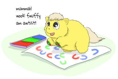 ambiguous_feral ambiguous_gender baby_talk black_eyes dialogue dirty feral fur hair happy monotone_body monotone_fur offscreen_character open_mouth paint painting_(action) paper quadruped simple_background smile solo tail text white_hair white_tail yellow_body yellow_fur young young_ambiguous young_feral carpdime fluffy_pony fluffy_pony_(species) mammal digital_media_(artwork) english_text shaded