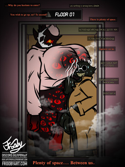 animal_genitalia animal_penis balls belly big_breasts big_penis black_body bodily_fluids breasts clothing coat duo elevator equine_genitalia equine_penis eyes_on_body eyewear flaccid genitals glasses gynomorph hair hat headgear headwear horror_(theme) humanoid_genitalia humanoid_penis intersex inviting inviting_viewer male mask milk milk_leaking musk nervous nipples overweight penis pressed_against pressing_against pressing_breasts_together red_body red_eyes size_difference smile sweat sweatdrop sweater text thick_thighs topwear trenchcoat trenchcoat_only wet wet_clothing frooby regretevator roblox the_axolotl_sun bive_(regretevator) folly_(regretevator) demon humanoid monster 2026 3:4 absurd_res digital_media_(artwork) english_text hi_res signature url busty_boy_(lore)