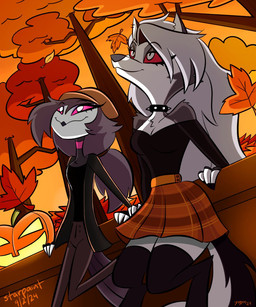 absolute_territory anthro autumn bare_shoulders beanie black_clothing black_hair black_jacket black_topwear bottomwear breasts brown_bottomwear brown_clothing brown_pants choker cleavage clothed clothed_anthro clothed_female clothing collar digitigrade duo feathers female fur grey_body grey_fur hair hat headgear headwear jack-o'-lantern jacket jewelry leaning_against_wall legwear long_hair looking_up necklace orange_bottomwear orange_clothing orange_leaves orange_skirt pants pattern_bottomwear pattern_clothing pattern_skirt pink_choker pink_jewelry pink_necklace pink_sclera plaid plaid_bottomwear plaid_clothing plaid_skirt plant pupils red_sclera shoulderless_shirt shoulderless_topwear skirt slit_pupils spiked_collar spikes tail tail_feathers thigh_highs tight_clothing topwear tree white_body white_eyes white_face white_fur white_hair 49ersrule07 starpaintart hellaverse helluva_boss mythology loona_(helluva_boss) octavia_(helluva_boss) avian avian_demon bird canid canid_demon canine demon hellhound mammal mythological_canine mythological_creature owl owl_demon 2024 5:6 artist_collaboration hi_res