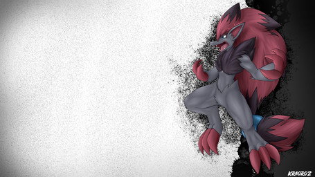 abstract_background action_pose ambiguous_gender anthro black_body black_fur blue_eyes fur grey_body grey_fur hair long_hair open_mouth pose red_hair scar sharp_teeth solo teeth kraorozkurogane nintendo pokemon generation_5_pokemon pokemon_(species) zoroark 16:9 2021 absurd_res hi_res signature widescreen