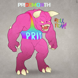 3_fingers ambiguous_gender biped bottomless claws clothed clothing fangs featureless_crotch fingers glowing glowing_eyes horn lgbt_pride muscular muscular_humanoid open_mouth pink_body pink_skin pride_colors sharp_teeth shirt shirt_only solo spikes spikes_(anatomy) teeth topwear topwear_only mot doom_(series) id_software microsoft pri(demon)th demon demon_humanoid horned_humanoid humanoid monster monstrous_humanoid pinky_(doom) 1:1 hi_res