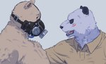 anthro bodily_fluids chest_tuft clothed clothing collared_shirt duo fur gas_mask looking_at_another male male/male mask open_mouth scar simple_background sweat teeth tongue topless topless_anthro topless_male tuft wearing_mask sadness_hao beastars gouhin_(beastars) riz_(beastars) bear giant_panda mammal hi_res