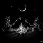 ambiguous_gender blocky bonfire duo fire kerchief moon outline pawpads paws rock sparkles star tail wood yam_(vegetable) bruno_borker charcoal canid canine canis domestic_dog mammal 1:1 hi_res monochrome