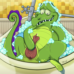 animal_genitalia animal_penis anthro anus asterisk_anus bathing bathtub bodily_fluids breath cloaca cloacal_penis crocodilian_penis feet genital_fluids genitals gesture green_body hand_gesture handjob_gesture inside lying male masturbation on_back penis precum pupils purple_pupils red_penis smile soap_bubbles solo spread_legs spreading steam suggestive suggestive_gesture water wet wet_body yellow_eyes derekdragon disney where's_my_water? swampy_(where's_my_water?) crocodilian reptile scalie 1:1 absurd_res hi_res