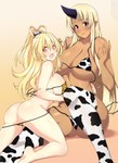 alternative_fashion animal_print big_breasts bikini blonde_hair breasts butt clothing cow_print dark_body dark_skin duo female ganguro_(fashion) gyaru hair horn j-fashion legwear monster_girl_(genre) swimwear thigh_highs two-piece_swimsuit lindaroze_(artist) monster_musume tionishia_(monster_musume) horned_humanoid human humanoid mammal hi_res