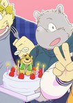 anthro birthday_cake cake clothed clothing dessert eyes_closed eyewear food glasses grey_body group horn humanoid_hands kemono male overweight overweight_male plushie n_gata21 lifewonders tokyo_afterschool_summoners volos_(tas) mammal rhinoceros 2022