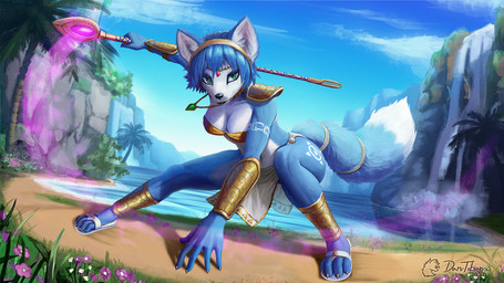 4_toes 5_fingers accessory action_pose anthro bandeau blue_body blue_fur blue_hair bottomwear breasts claws cleavage clothed clothing cloud crouching day detailed_background dipstick_tail feet female fingers flower footwear fur furgonomics green_eyes hair hair_accessory hairband jewelry krystal's_staff loincloth markings medium_breasts midriff motion_lines motion_trail multicolored_tail navel necklace no_underwear o-ring palm_tree pelvic_curtain plant pose realistic rock sandals shoes shoulder_pads skimpy solo tail tail_accessory tail_markings tailband tattoo toes topwear translucent translucent_clothing tree tribal tribal_markings water waterfall weapon dankitsune nintendo star_fox krystal_(star_fox) canid canine fox mammal 2020 digital_media_(artwork) digital_painting_(artwork) hi_res painting_(artwork) signature