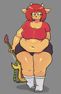 anthro bass_guitar belly belly_overhang big_breasts black_nose blush breasts cleavage clothed clothing eyelashes female footwear fur grey_background guitar hair half-closed_eyes holding_guitar holding_musical_instrument holding_object horn musical_instrument narrowed_eyes navel overweight overweight_anthro overweight_female plucked_string_instrument purple_eyes red_hair simple_background socks solo standing string_instrument tan_body tan_fur thick_thighs wavy_mouth wide_hips desdejin parappa_the_rapper sony_corporation sony_interactive_entertainment um_jammer_lammy lammy_lamb bovid caprine mammal sheep 2026 hi_res signature