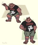 absurd_res alcohol anthro arm_tattoo bear beer belly beverage bottomwear clothed clothing facial_hair facial_piercing headbanging hi_res leg_tattoo looking_at_viewer lying male mammal on_front overweight overweight_male patadeperro piercing shorts solo standing tattoo