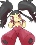 anthro blush fangs female genitals hair_mouth innie_pussy looking_at_viewer pseudo_hair pussy red_body sharp_teeth simple_background sitting smile solo tan_body teeth white_background doneru nintendo pokemon generation_6_pokemon mega_evolution mega_mawile pokemon_(species) hi_res