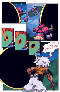 ambiguous_gender anthro armband bag biped black_sclera bottomwear claws clothing dark_body dark_skin female fight floating_hands forest forest_background great_ball group hair horn lake mask mountain_range multicolored_body muscular muscular_ambiguous muscular_anthro muscular_female muscular_human nature nature_background pants plant pokeball portal portal_ring reaching_for_object screen sky skyscape text topwear tree trio water wearing_mask white_bottomwear white_clothing white_hair white_pants yellow_clothing yellow_eyes yellow_topwear cuchuflin nintendo pokemon mia_(cuchuflin) rey_(cuchuflin) generation_6_pokemon hawlucha hoopa hoopa_(confined) human legendary_pokemon mammal pokemon_(species) absurd_res comic english_text hi_res