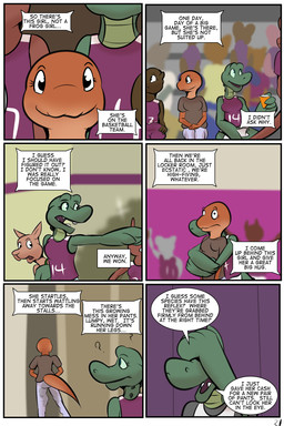 adolescent amplexus anthro base_three_layout black_text breasts clothed clothing dialogue female grid_layout group hug open_mouth page_number question_mark regular_grid_layout school shirt six_frame_grid six_frame_image speech_bubble tank_top text text_box three_row_layout topwear white_speech_bubble white_text_box young thunderouserections study_partners angie_(study_partners) amphibian crocodile crocodilian kangaroo macropod mammal marsupial newt reptile salamander scalie 2019 2:3 comic english_text hi_res