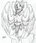 anthro bottomwear clothing ethereal feathered_wings feathers fur hair loincloth male open_mouth playful simple_background skinny smile solo tribal white_body white_fur wings kabooki sebris angel canid canine canis mammal wolf hi_res traditional_media_(artwork)