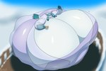 anthro belly big_belly big_breasts blue_body breasts cleavage clothed clothing container cup female gesture hot_drink huge_belly huge_breasts huge_thighs hyper hyper_belly hyper_breasts hyper_thighs snow tea_cup thick_thighs translucent translucent_clothing waving waving_at_viewer grinex nintendo pokemon eeveelution generation_4_pokemon glaceon pokemon_(species) 3:2 hi_res