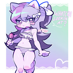 accessory anthro bikini blush bottomwear bow_ribbon bra breasts candy cat_tail clothed clothing dessert female food fur hair hair_accessory hair_bow hair_ribbon hair_tie lollipop long_hair looking_at_viewer multicolored_hair navel open_mouth pink_body pink_fur pink_hair ponytail purple_eyes purple_hair ribbons solo swimwear tail talking_to_viewer text two-piece_swimsuit two_tone_hair underwear charlotte.x sashley ash_(sashley) felid feline mammal 1:1 absurd_res digital_media_(artwork) english_text hi_res watermark