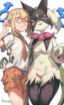 black_body black_fur blonde_hair blush bottomwear clothed clothing duo eyewear femboy fur gender_symbol glasses green_body green_fur hair looking_at_viewer male male_symbol naranja_academy necktie orange_bottomwear orange_clothing orange_necktie orange_shorts school_uniform shirt shorts symbol topwear uniform iepelppa nintendo pokemon generation_9_pokemon human mammal meowscarada pokemon_(species) absurd_res hi_res