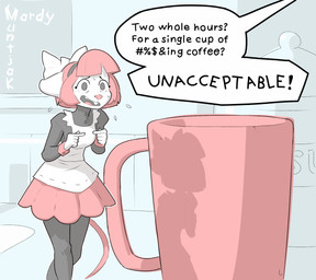 accessory anthro bangs beverage bodily_fluids bottomwear breasts buckteeth clothed clothing coffee coffee_mug container cup dialogue female fingers fingers_together fur hair hair_accessory hairband inside insult legwear looking_at_viewer maid_apron maid_headdress maid_uniform micro mug nervous offscreen_character open_mouth pink_hair profanity shadow short_hair skirt solo stockings sweat teeth text thigh_highs uniform white_body white_fur wide_eyed mardymuntjak renfri_(mardymuntjak) mammal murid murine rat rodent 2025 digital_media_(artwork) english_text hi_res