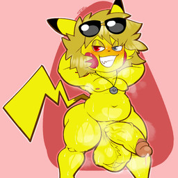 anthro ball_tuft balls big_balls big_penis blush bodily_fluids eyewear eyewear_on_head genital_fluids genitals glasses glasses_on_head grin hands_behind_head heterochromia humanoid_genitalia humanoid_penis jewelry looking_at_viewer male moobs musk musky_armpit musky_balls musky_penis necklace nipples pecs penis pink_background precum scrotum_flap simple_background slightly_chubby slightly_chubby_anthro slightly_chubby_male smile sweat thick_thighs tuft softestpuffss nintendo pokemon fan_character generation_1_pokemon pikachu pokemon_(species) 1:1 hi_res