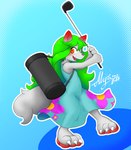 anthro big_feet big_pawpads blush claws clothed clothing dipstick_ears dress ear_markings feet female fur golf golf_bag golf_club golf_swing gradient_background green_hair hair long_hair monotone_background multicolored_ears on_one_leg open_mouth open_smile red_eyes sharp_teeth simple_background sleeveless_dress smile solo sport standing teeth toe_claws white_body white_fur young alyrise nintendo pokemon canid canine canis generation_3_pokemon hybrid mammal pokemon_(species) ralts wolf hi_res