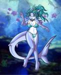 5_toes anthro anthrofied barefoot big_breasts breasts camel_toe feet female fish fish_tail hair hi_res looking_at_viewer marine myrl non-mammal_breasts shark simple_background smile sobegrrl solo toes