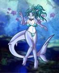 5_toes anthro anthrofied barefoot big_breasts breasts camel_toe feet female fish_tail hair looking_at_viewer non-mammal_breasts simple_background smile solo toes sobegrrl myrl fish marine shark hi_res