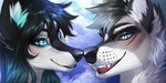 anthro black_hair blue_eyes female fur grey_body grey_fur hair male nose_to_nose open_mouth teeth tongue sorafoxyteils snowpaw2927 zoltie_(bloody_hound) canid canine canis mammal wolf 2020 digital_media_(artwork)