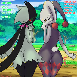 anthro butt duo female humiliation_fetish looking_at_viewer looking_back umy_gatita nintendo pokemon domestic_cat dupin_(pal) felid feline felis generation_9_pokemon humanoid lagomorph leporid mammal meowscarada pokemon_(species) rabbit 1:1 absurd_res hi_res