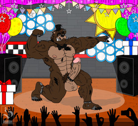 anthro barazoku box brown_body brown_eyes brown_fur claws closed_smile clothing container fur genitals gift_box group hat headgear headwear looking_at_viewer male mouth_closed muscular muscular_male nipples notched_ear penis presenting public public_nudity sharp_teeth smile stage stage_curtains stage_lights teeth top_hat vein veiny_penis sondinker_fazbear's five_nights_at_freddy's five_nights_at_freddy's_4 scott_cawthon scottgames nightmare_freddy_(fnaf) bear mammal 2021