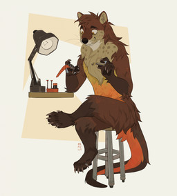anthro clock fixing male slice_of_life solo tail watch remulle_(artist) robottoast watchmaker ssephy_(character) gulonine hybrid mammal marten mustelid musteline otter pine_marten hi_res