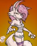 2016 anthro bare_shoulders breasts canid canine canis cleavage clothed clothing david_hopkins domestic_dog fangs female freckles fur gradient_background hair half-closed_eyes hi_res legwear looking_at_viewer mammal midriff narrowed_eyes navel off_shoulder panties pattern_clothing pattern_legwear pink_hair simple_background skimpy smile solo stockings striped_clothing striped_legwear stripes teeth thigh_highs underwear white_body white_fur yellow_sclera