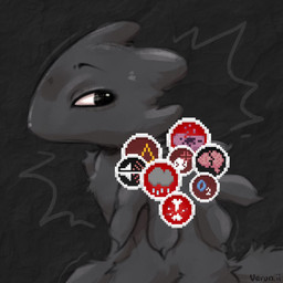 5_fingers ambiguous_gender anthro black_background black_body black_eyes black_fur claws fingers fur hand_out orange_sclera simple_background solo status_effect verun_ii casualties:_unknown canid canine expie_(gunsawian) fox gunsawian hybrid mammal murid murine rat rodent 1:1 2025 digital_drawing_(artwork) digital_media_(artwork) reaction_image