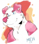 abstract_background anthro blue_eyes crossgender fur male pink_body pink_fur simple_background solo white_body white_fur unknown_artist felicity_fluff border_collie canid canine canis collie domestic_dog herding_dog mammal pastoral_dog sheepdog source_request