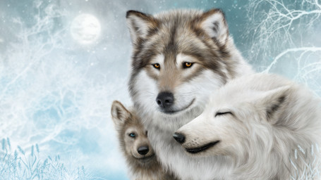 ambiguous_gender black_nose brown_body brown_fur detailed_fur eyes_closed feral fluffy fur group inner_ear_fluff looking_at_viewer photorealism plant realistic trio tuft white_body white_fur elena_roslyakova canid canine canis mammal wolf 16:9 2015 detailed hi_res widescreen