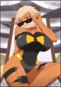 anthro beach bikini blue_border border breasts chair clothing female furniture looking_at_viewer on_chair pose sitting sitting_on_chair smile smiling_at_viewer solo swimwear tall_girl two-piece_swimsuit pok-zone nintendo pokemon fan_character arcanine generation_1_pokemon pokemon_(species) hi_res