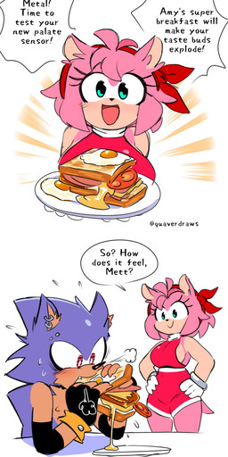 accessory anthro blue_body blue_fur bracelet clothing dialogue dress eating female food fur gloves green_eyes hair_accessory hairband handwear jewelry male red_clothing red_dress red_eyes sandwich_(food) text white_clothing white_gloves white_handwear quavernsfw sega sonic_the_hedgehog_(series) amy_rose metal_sonic eulipotyphlan hedgehog mammal robot_anthro comic english_text hi_res