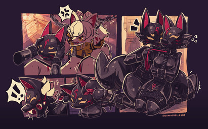 anthro big_breasts biped black_latex breasts duo female fur kneeling kneeling_on_ground latex leash leash_pull lock_bulge muzzle_(object) muzzled restraints slim_anthro slim_female straitjacket white_body white_fur yellow_eyes kurousagi_kemo canid canine fox mammal 2025 hi_res