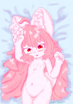 anthro blush female fur genitals hair nipples nude pink_body pink_hair red_eyes simple_background smile solo tail vulva young young_anthro young_female cristalyzed mihoyo zenless_zone_zero zhao_(zenless_zone_zero) lagomorph leporid mammal rabbit thiren absurd_res hi_res adult_(lore)