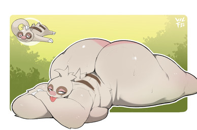anthro big_breasts big_butt bodily_fluids breasts butt claws crossed_arms female female_anthro half-closed_eyes huge_butt huge_thighs hyper hyper_butt lying narrowed_eyes nude nude_anthro nude_female on_front pink_nose solo sweat sweaty_butt thick_thighs tongue tongue_out vilf nintendo pokemon generation_3_pokemon pokemon_(species) slakoth 2025 digital_media_(artwork) full-length_portrait hi_res portrait