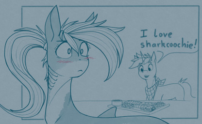 blush charcuterie_board dialogue duo female feral food hair horn kerchief male neckerchief neckwear ponytail simple_background tail text stray_prey hasbro my_little_pony mythology fan_character lacera_viscera lucent_(oc) aquatic equid equine fish horse hybrid mammal mythological_creature mythological_equine pony shark unicorn 2025 digital_drawing_(artwork) digital_media_(artwork) english_text hi_res