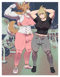 abs anthro balls_outline big_breasts big_bulge black_nose bottomwear breasts bulge clothed clothing detailed_background detailed_bulge duo erection facial_scar fingers fluffy fluffy_tail footwear fur genital_outline gym gynomorph hair huge_breasts inside intersex muscular muscular_anthro muscular_human muscular_intersex pants penis_outline pubes raised_arm scar shirt shoes smile snout standing tail thick_thighs tight_clothing topwear wide_hips kissxmaker jina_choi canid canine canis domestic_dog human mammal absurd_res hi_res